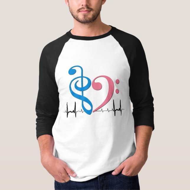 T-shirt Bass Clef Heart EKG Waves Cyan & Pink (Devant)