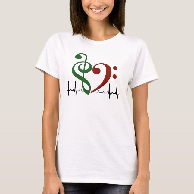 T-shirt Bass Clef Heart EKG Waves Green & Ruby Red (Devant)