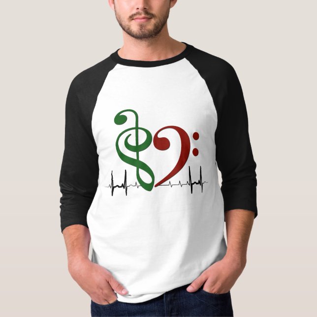 T-shirt Bass Clef Heart EKG Waves Green & Ruby Red (Devant)