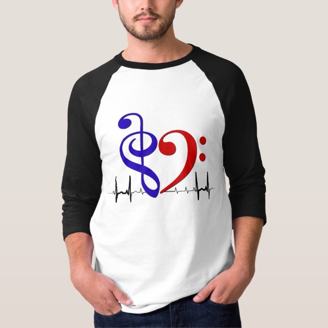 T-shirt Bass Clef Heart EKG Waves Navy & Red (Devant)