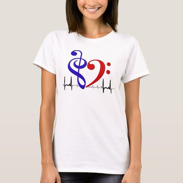 T-shirt Bass Clef Heart EKG Waves Navy & Red (Devant)