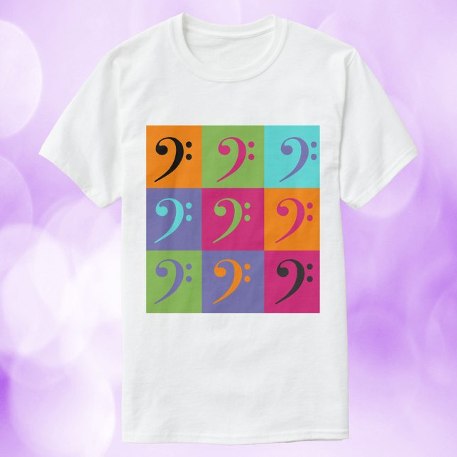 T-shirt Bass Clef Motif orange rose violet (A tshirt with a bass clef pattern done in orange, green, pink, blue and purple.)