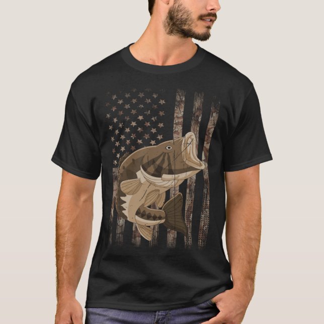 T-shirt Bass Fishing  Camouflage USA Flag (Devant)