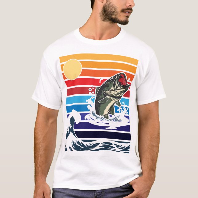 T-shirt Bass Mouth Retro Sunset Jumping Fish (Devant)