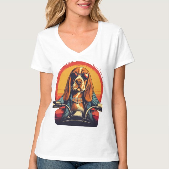 T-shirt basset cool hound biker au coucher du soleil (Devant)