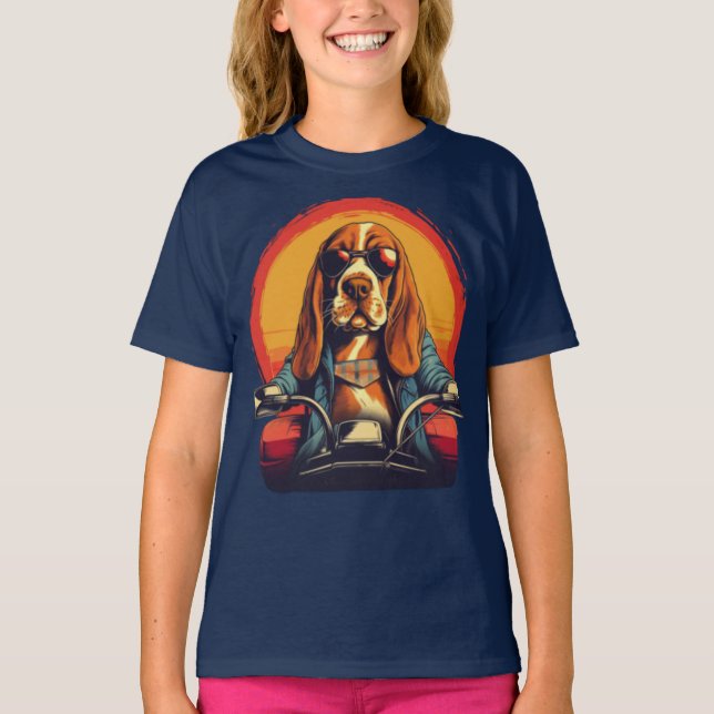 T-shirt basset cool hound biker au coucher du soleil (Devant)