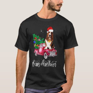 T-shirt Basset Hound Chien Christmas Ride Red Truck