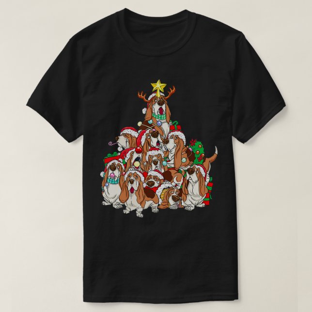 T-shirt Basset Hound Chien de Noël Chien d'arbre Père Noël (Design devant)