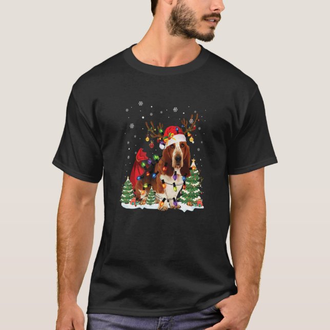 T-shirt Basset Hound Christmas Reindeer Santa Hat Pajama (Devant)