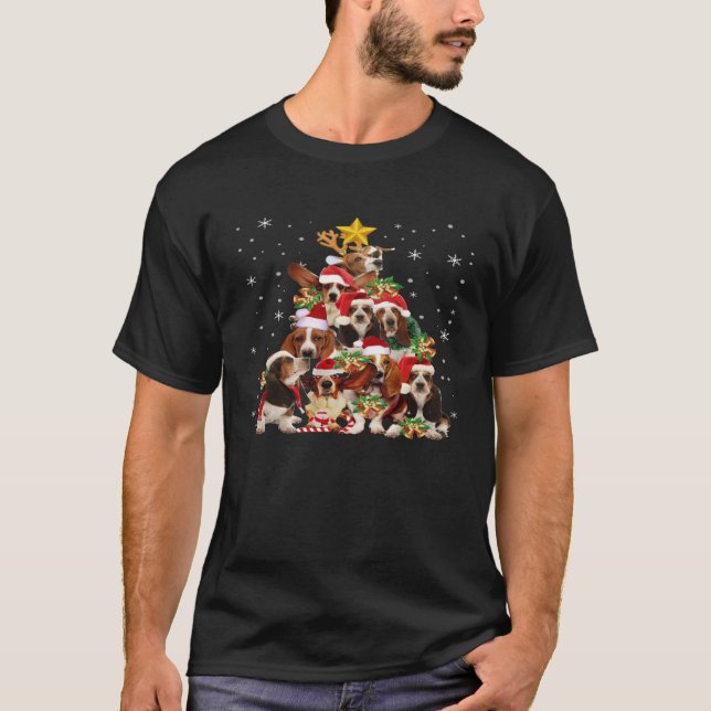 T-shirt Basset Hound Christmas Tree Lights Dog Xmas (Devant)