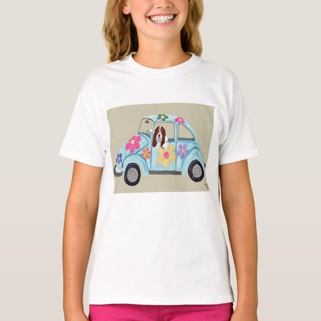 T-shirt Basset Hound in Hippie Car (Devant)
