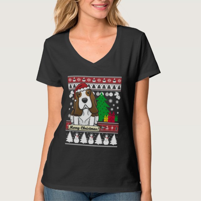 T-shirt Basset Hound Merry Christmas Tree Dog Xmas Snow Sa (Devant)
