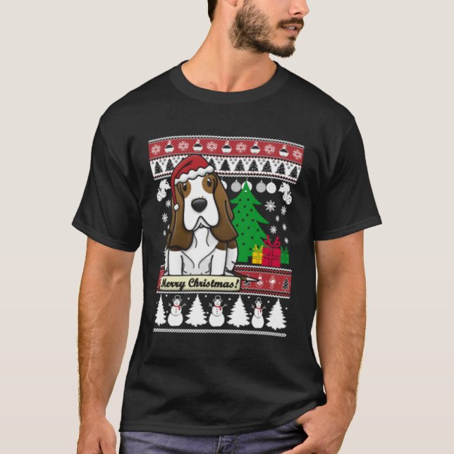 T-shirt Basset Hound Merry Christmas Tree Dog Xmas Snow Sa (Devant)