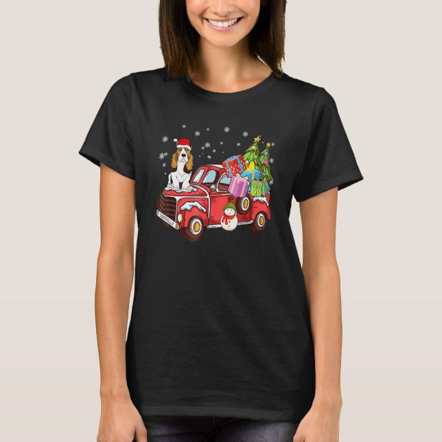 T-shirt Basset Hound Riding Red Truck Merry Christmas Dog (Devant)