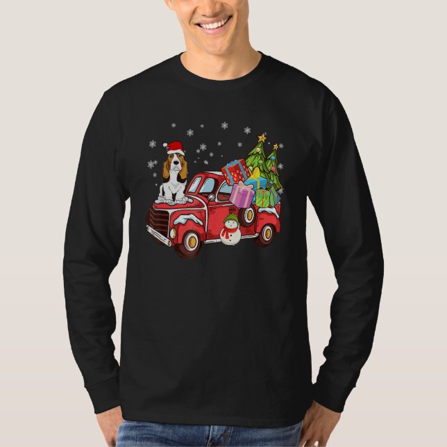 T-shirt Basset Hound Riding Red Truck Merry Christmas Dog (Devant)