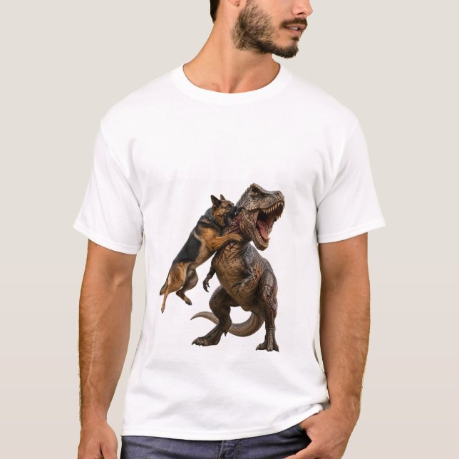 T-Shirt Bataille Épique Chien vs T-Rex (Devant)