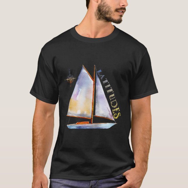 T-shirt Bateau À Voile Aquarelle Avec Compass Et Latitudes (Devant)