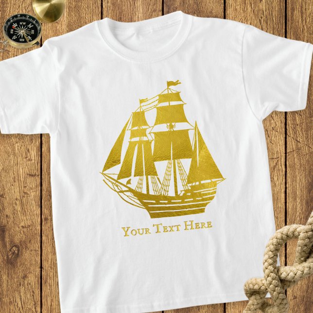T-shirt Bateau à voile personnalisé Faux Gold Nautical Tal (A nautical T-shirt, featuring a tall ship picture in faux gold. Personalize with your own text)