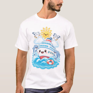 T-shirt Bateau de croisière mignon Kawaii dauphin mer voya