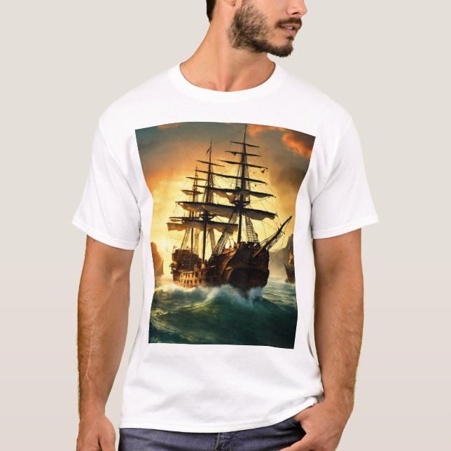 T-shirt Bateau de moineau Jack Voilier dans l'Horizon d'or (Devant)