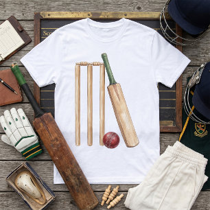 T-shirt Batte et balle de cricket à l'aquarelle classique