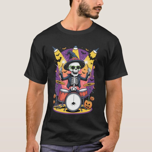 T-shirt Batteur squelette drôle design Halloween Trick Or  (Devant)