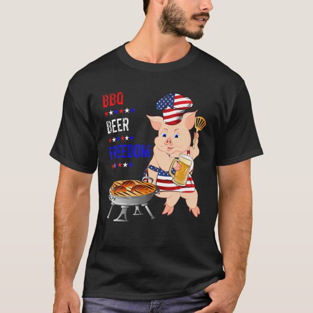 T-shirt Bbq Beer Freedom Pig American Flag Apron Grill (Devant)