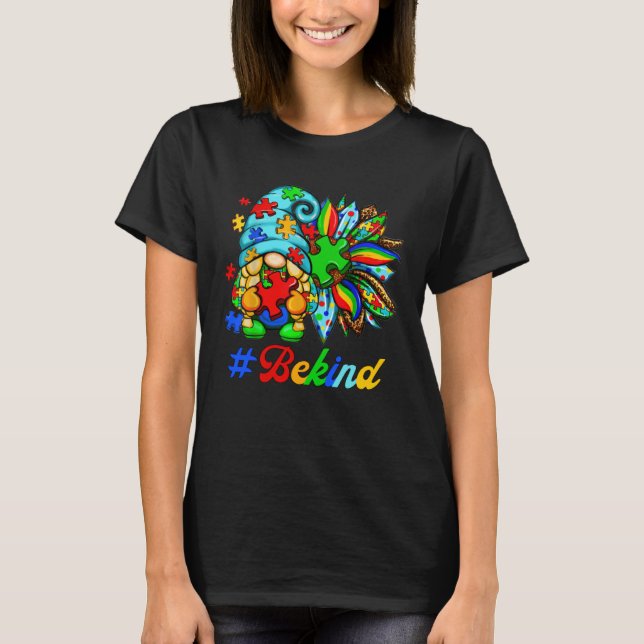 T-shirt Be Kind Autism Awareness Cute Gnome Puzzle Leopard (Devant)