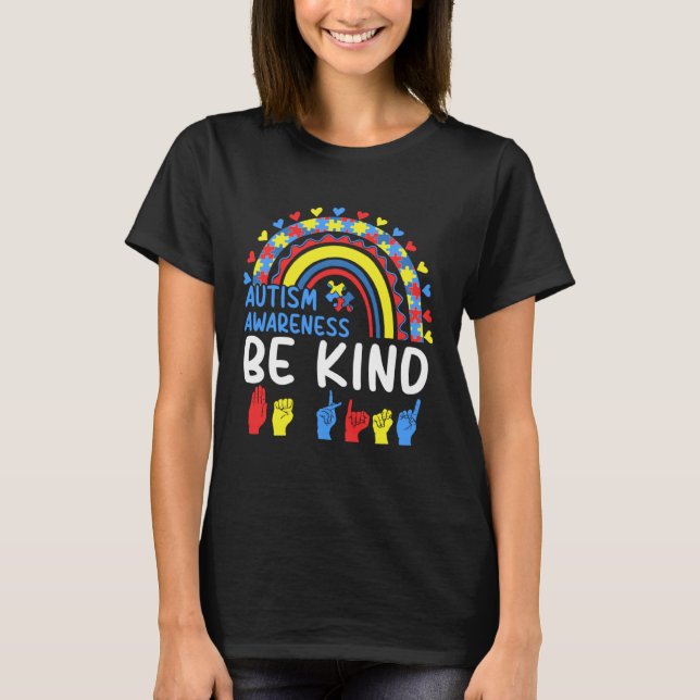 T-shirt Be Kind Hand Sign Rainbow Autism Awareness Month F (Devant)