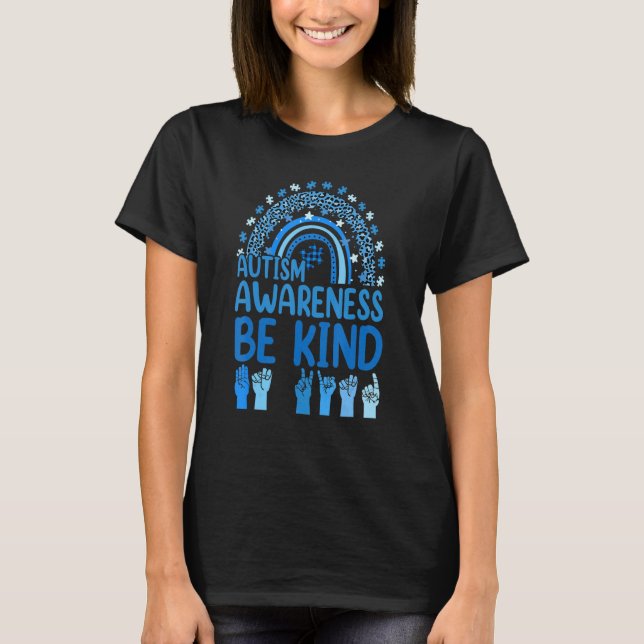 T-shirt Be Kind Sign Language Leopard Rainbow Autism Aware (Devant)
