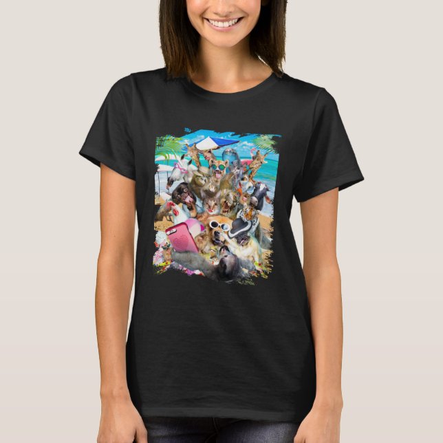 T-shirt Beach Group Selfie Sloth Pug Cat Chicken Dog Unico (Devant)