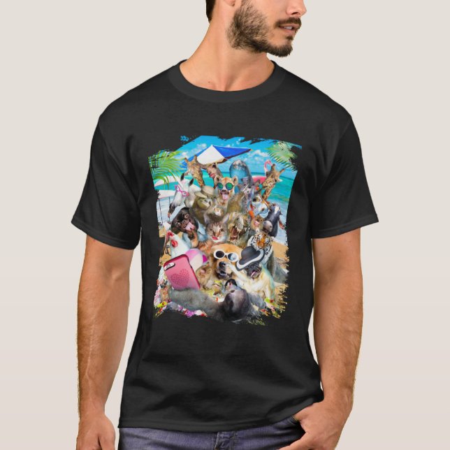 T-shirt Beach Group Selfie Sloth Pug Cat Chicken Dog Unico (Devant)