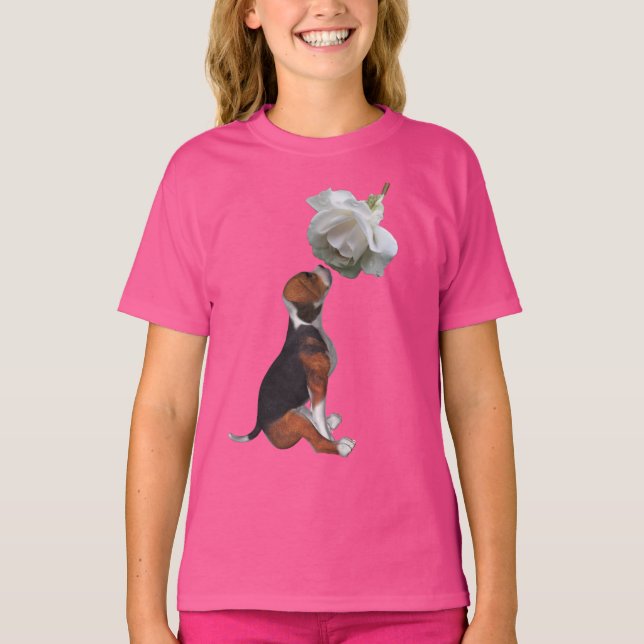 T-shirt Beagle Chien blanc chiot Rose mignonne  (Devant)