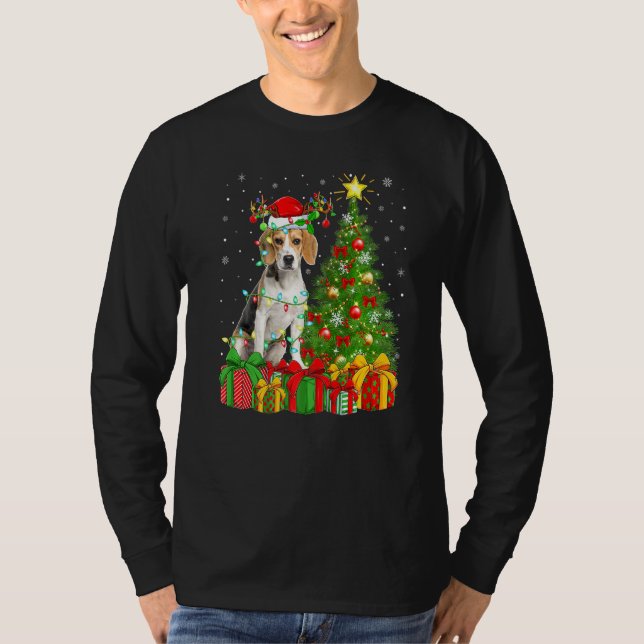 T-shirt Beagle Chien Éclairage Xmas Arbre Santa Hat Beagle (Devant)
