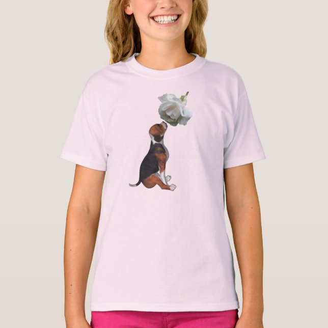 T-shirt Beagle Chiot blanc Rose Cute Animal (Devant)