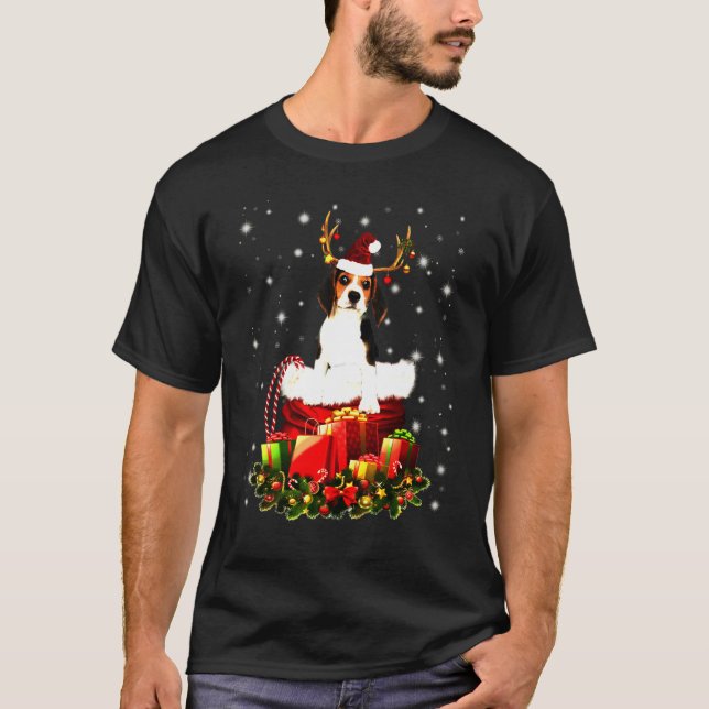 T-shirt Beagle Dans Le Costume De Boîte À Sacs Père Noël (Devant)