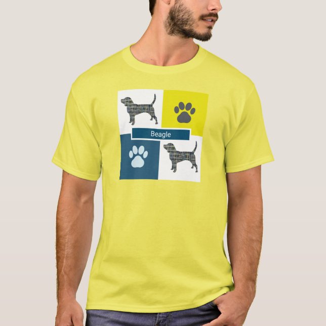 T-shirt Beagle Hound Dog & Paw Y&B Grid Carré (Devant)