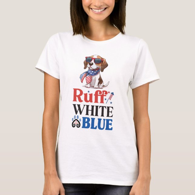T-shirt Beagle patriotique Ruff Blanc & Bleu (Devant)