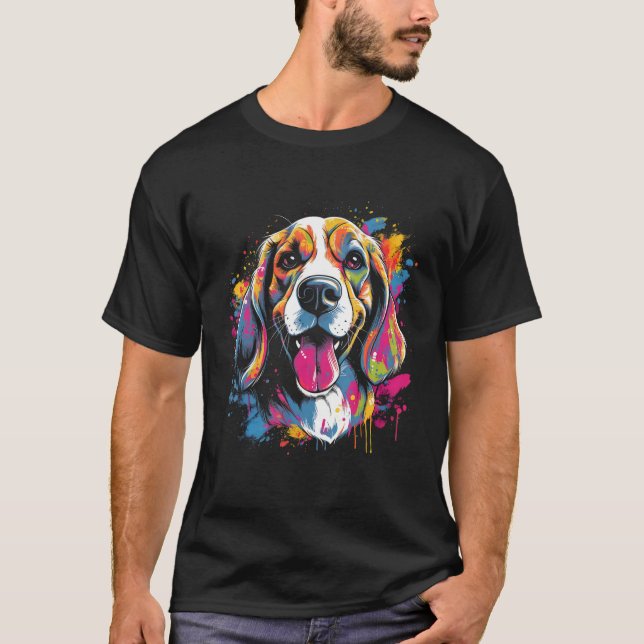 T-shirt Beagle Retro Rainbow Color Splashes Design (Devant)