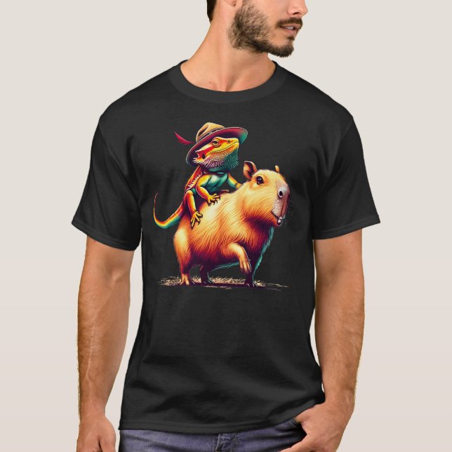 T-shirt Bearded Dragon Riding Capybara Funny Animal Lover  (Devant)