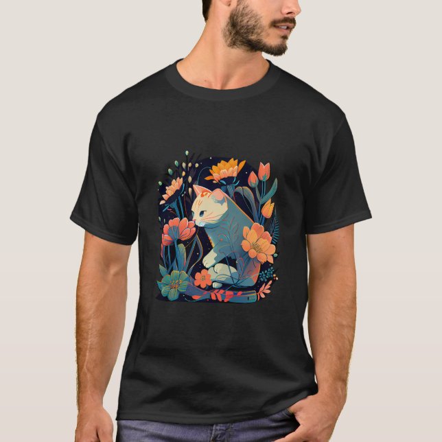 T-shirt Beau Chat Kitten Dans Un Jardin Fleur Cadre Moth (Devant)