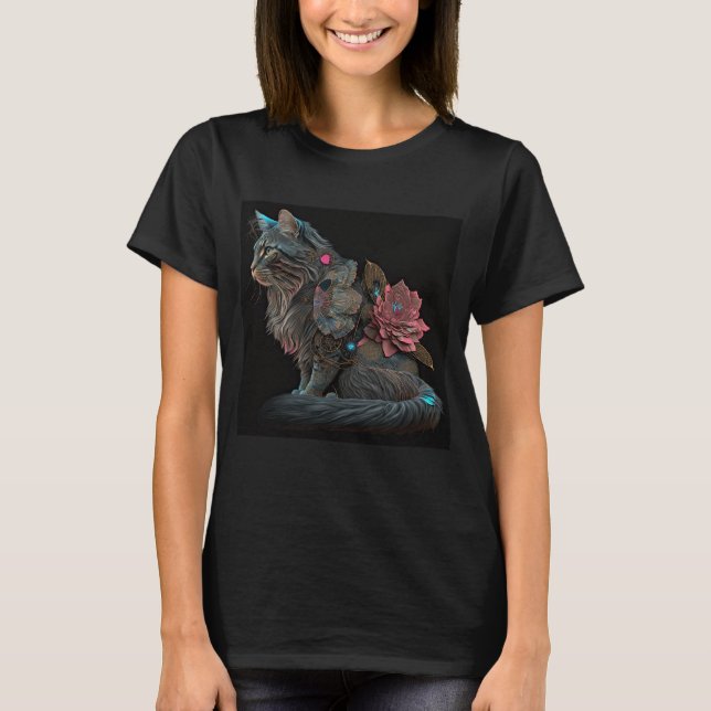 T-shirt Beau chat steampunk avec fleurs roses (Devant)