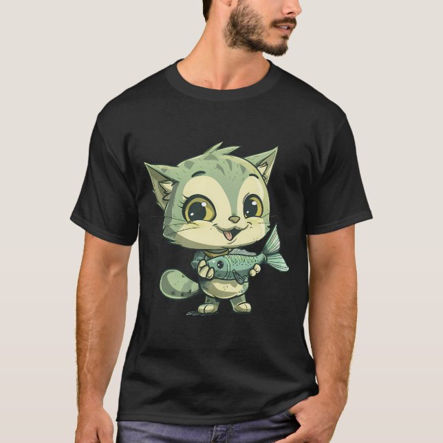 T-shirt beau Chat tenant un Poisson (Devant)