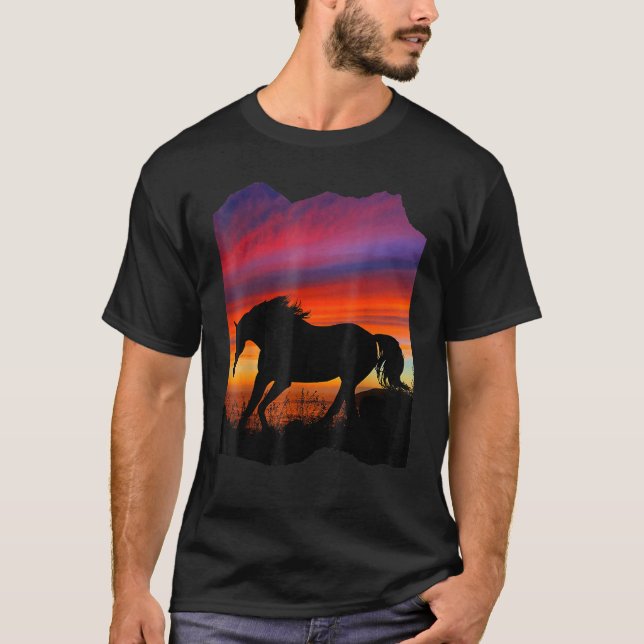 T-shirt Beau cheval arabe coucher de soleil silhouette ora (Devant)