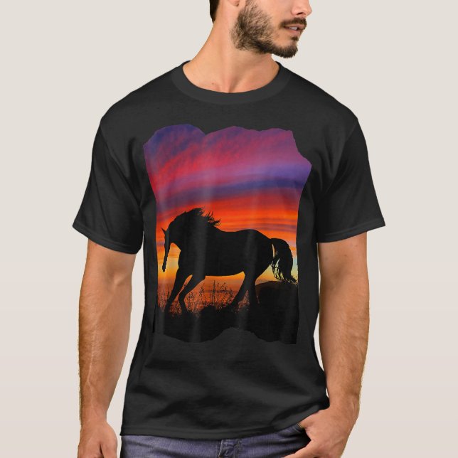 T-shirt Beau cheval arabe coucher de soleil silhouette ora (Devant)