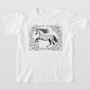 T-shirt Beau Cheval Détaillé & Fleurs Peindre un