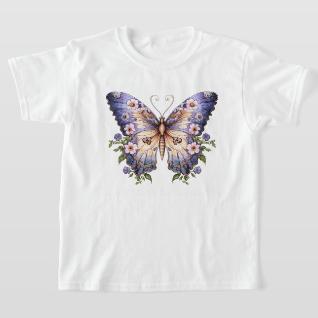 T-shirt Beau papillon violet avec fleurs (Poser)
