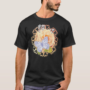 T-shirt Beau Rose de coeur Papillon vert Pêche rouge