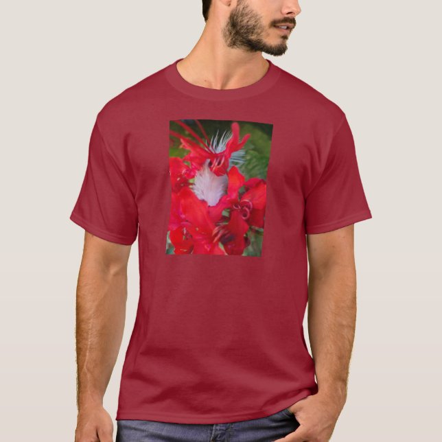 T-shirt Beauté délicate : Fleur rouge avec plumes blanches (Devant)