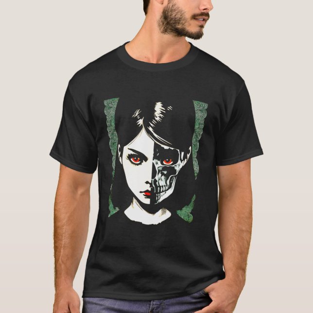 T-shirt Beauté gothique demi visage demi-crâne punk Grunge (Devant)